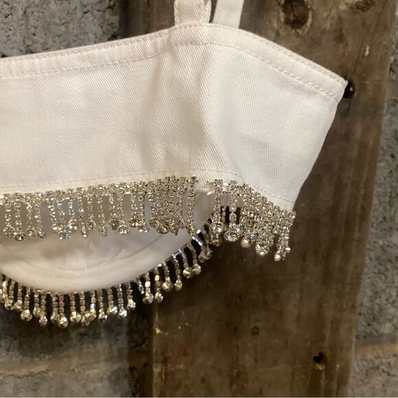 Lovers + Friends Peyton Bra Top White denim rhinestone fringe Revolve S - Picture 11 of 13